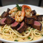 Steak Noirci et Crevettes Scampi avec Sauce Crème aux Herbes Citronnées