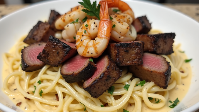 Steak Noirci et Crevettes Scampi avec Sauce Crème aux Herbes Citronnées