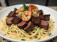 Steak Noirci et Crevettes Scampi avec Sauce Crème aux Herbes Citronnées